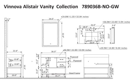 Vinnova, Alistair 36B" Single Vanity in North American Oak with White Grain Stone Countertop With Mirror