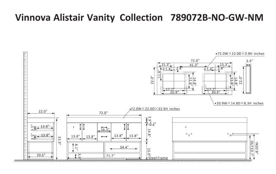 Vinnova, Alistair 72B" Double Vanity in North American Oak with White Grain Stone Countertop Without Mirror