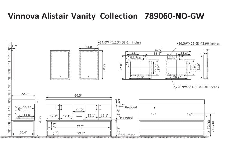 Vinnova, Alistair 60" Double Vanity in North American Oak with White Grain Stone Countertop With Mirror