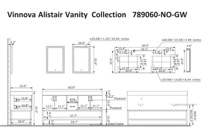 Vinnova, Alistair 60" Double Vanity in North American Oak with White Grain Stone Countertop With Mirror