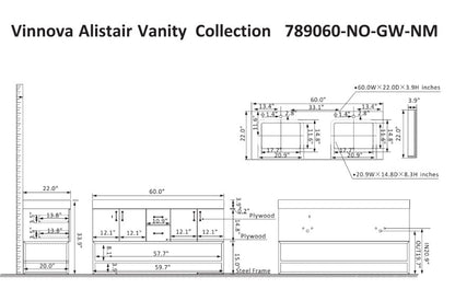 Vinnova, Alistair 60" Double Vanity in North American Oak with White Grain Stone Countertop Without Mirror