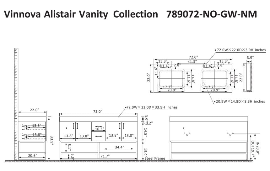 Vinnova, Alistair 72" Double Vanity in North American Oak with White Grain Stone Countertop Without Mirror