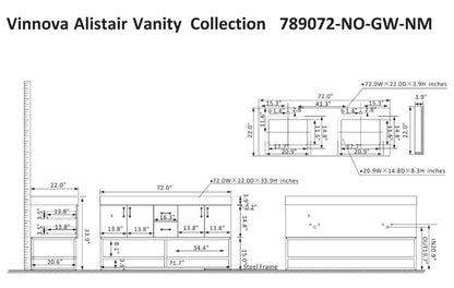 Vinnova, Alistair 72" Double Vanity in North American Oak with White Grain Stone Countertop Without Mirror