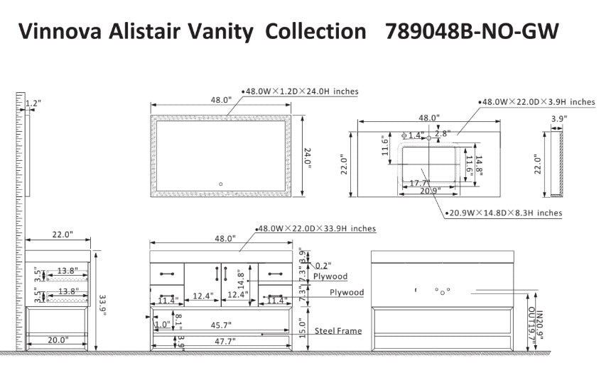 Vinnova, Alistair 48B" Single Vanity in North American Oak with White Grain Stone Countertop With Mirror