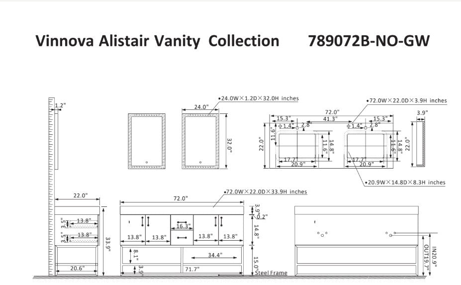 Vinnova, Alistair 72B" Double Vanity in North American Oak with White Grain Stone Countertop With Mirror