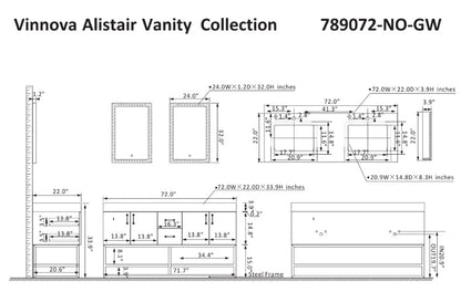 Vinnova, Alistair 72" Double Vanity in North American Oak with White Grain Stone Countertop With Mirror