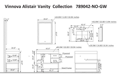 Vinnova, Alistair 42" Single Vanity in North American Oak with White Grain Stone Countertop With Mirror