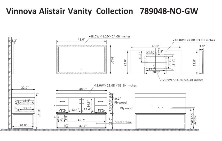 Vinnova, Alistair 48" Single Vanity in North American Oak with White Grain Stone Countertop With Mirror