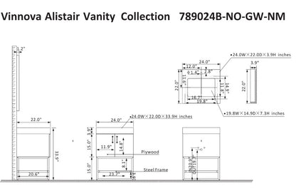 Vinnova, Alistair 24B" Single Vanity in North American Oak with White Grain Stone Countertop Without Mirror