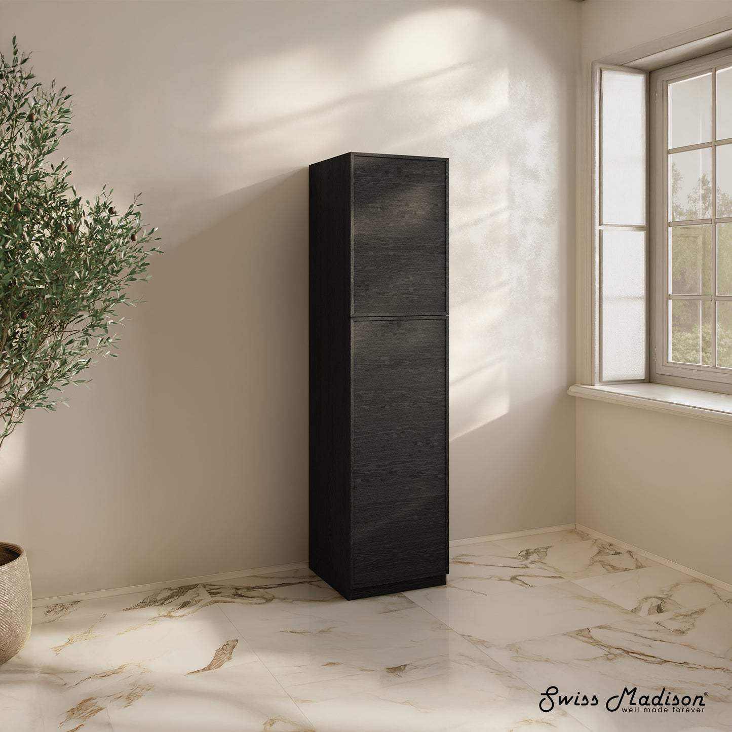 Swiss Madison, St. Tropez 15 x 15 x 60 Freestanding Linen Cabinet in Black Oak