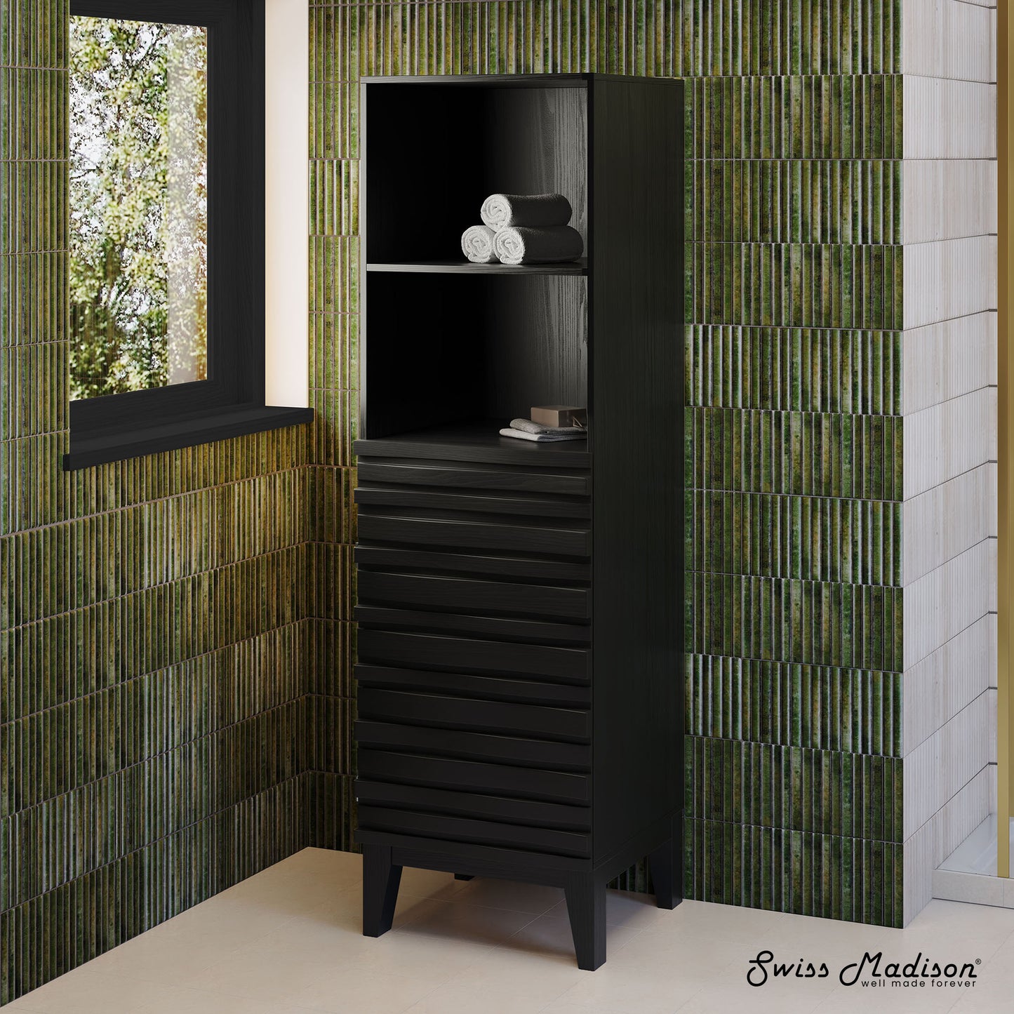 Swiss Madison, Cascade 17 x 17 x 60 Freestanding Linen Cabinet in Black Oak
