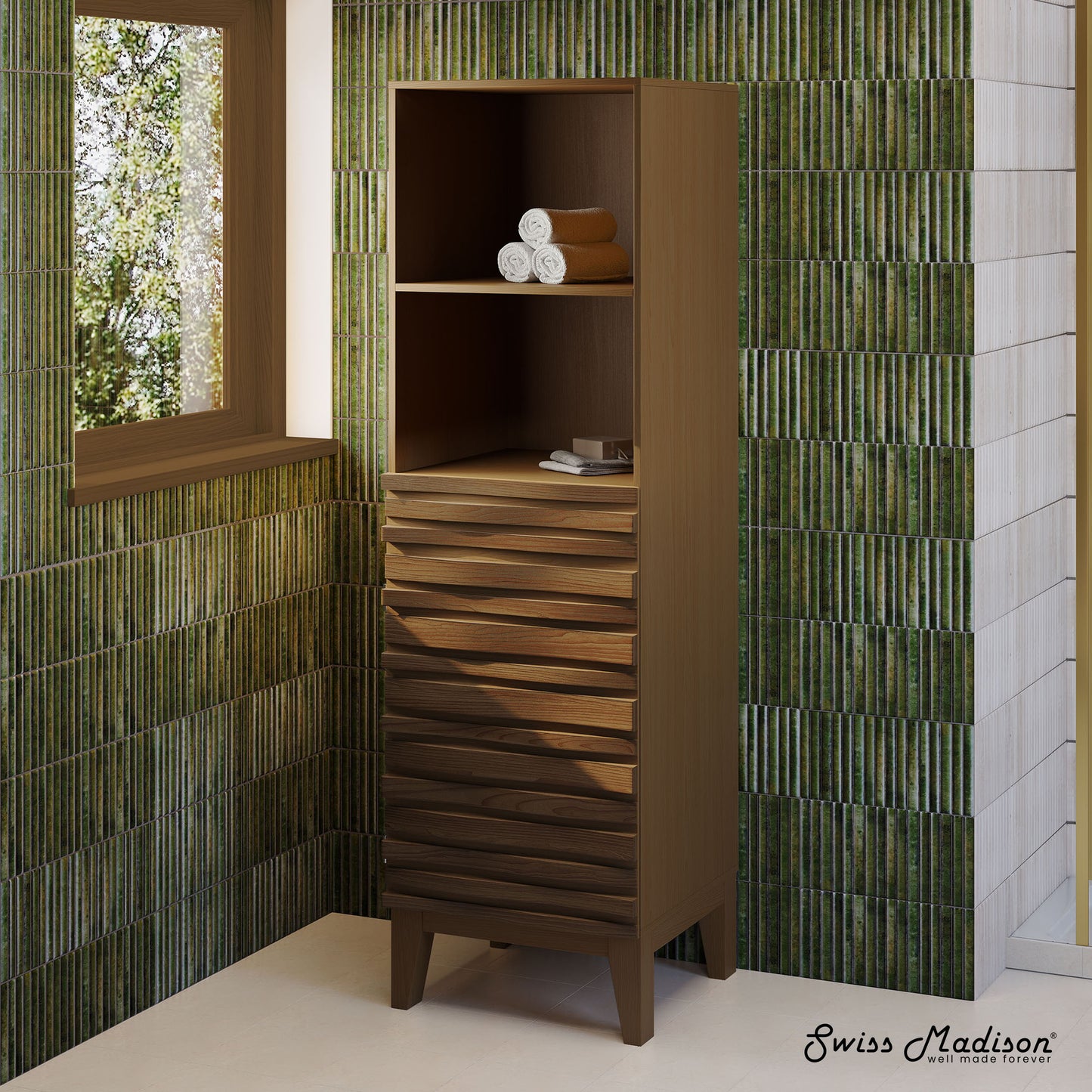 Swiss Madison, Cascade 17 x 17 x 60 Freestanding Linen Cabinet in Brown Oak
