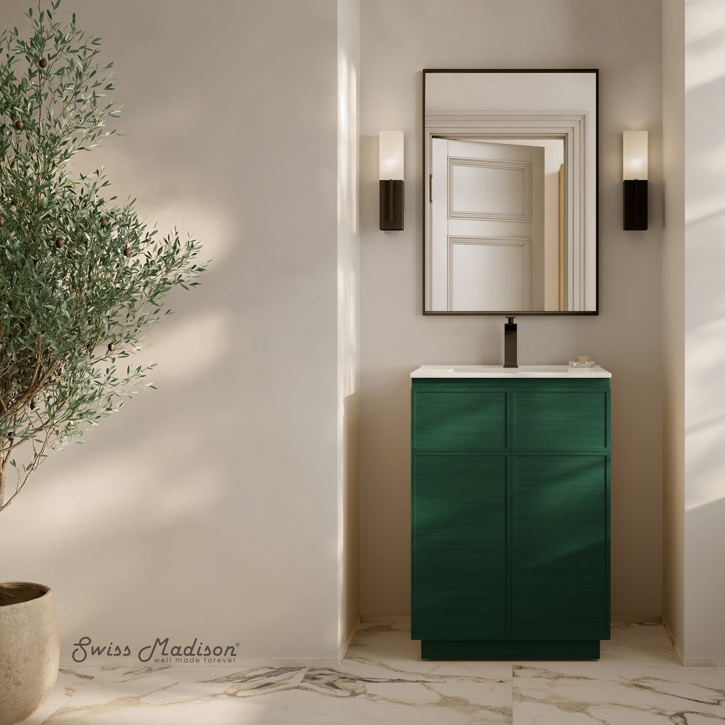 Swiss Madison, St. Tropez 24" Freestanding Bathroom Vanity in Green Oak with Sink Top
