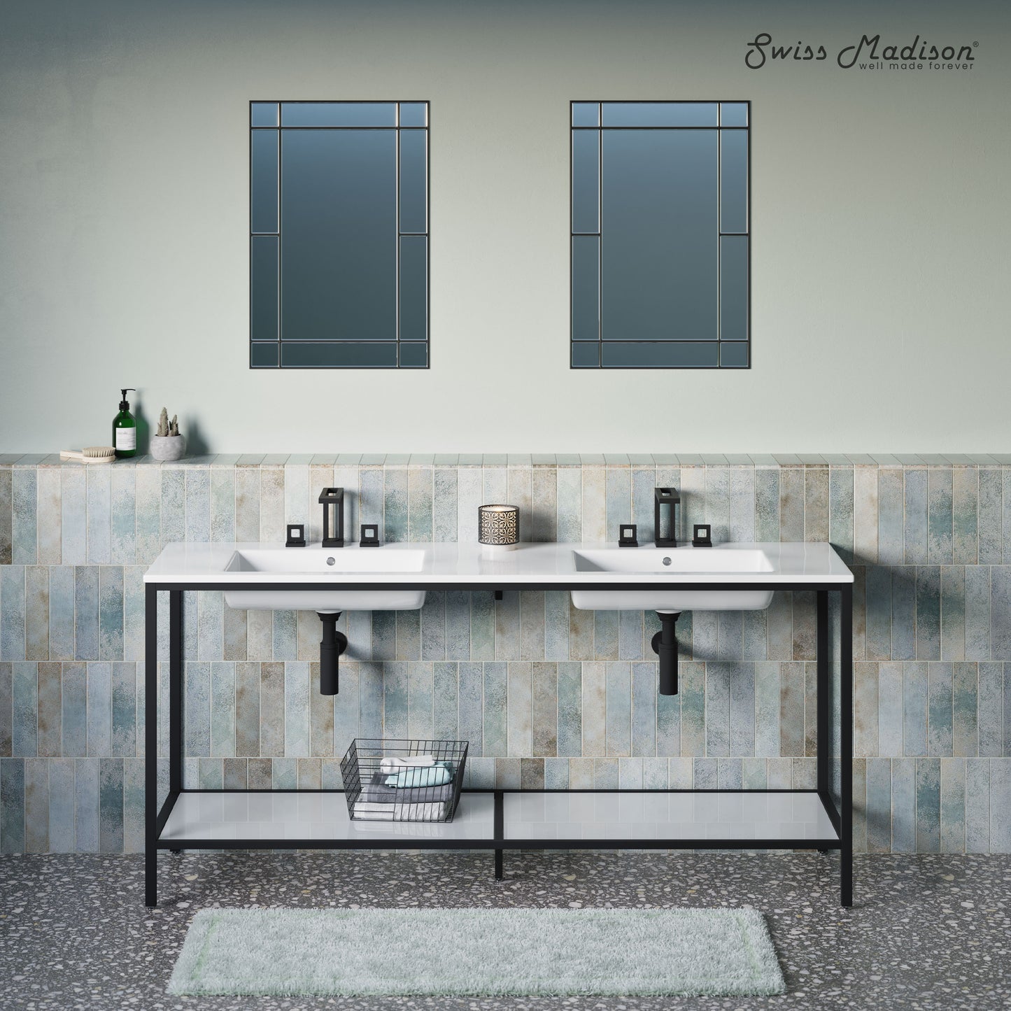 Swiss Madison, Pierre 72 Double, Freestanding, Open Shelf, Matte Black Metal Frame Bathroom Vanity