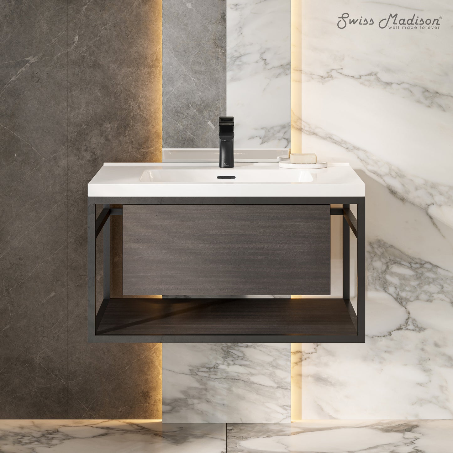 Swiss Madison, Claire 30" Wall-Mounted Bathroom Vanity in Black Oak with Sink Top