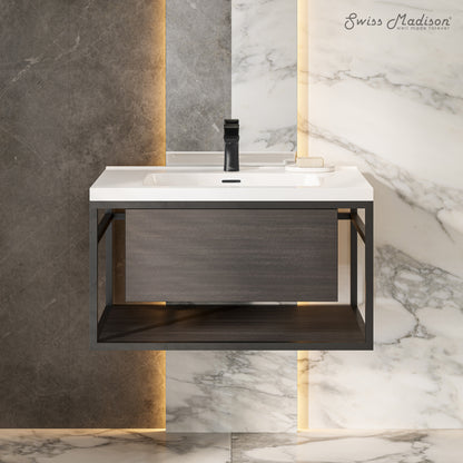 Swiss Madison, Claire 30" Wall-Mounted Bathroom Vanity in Black Oak with Sink Top