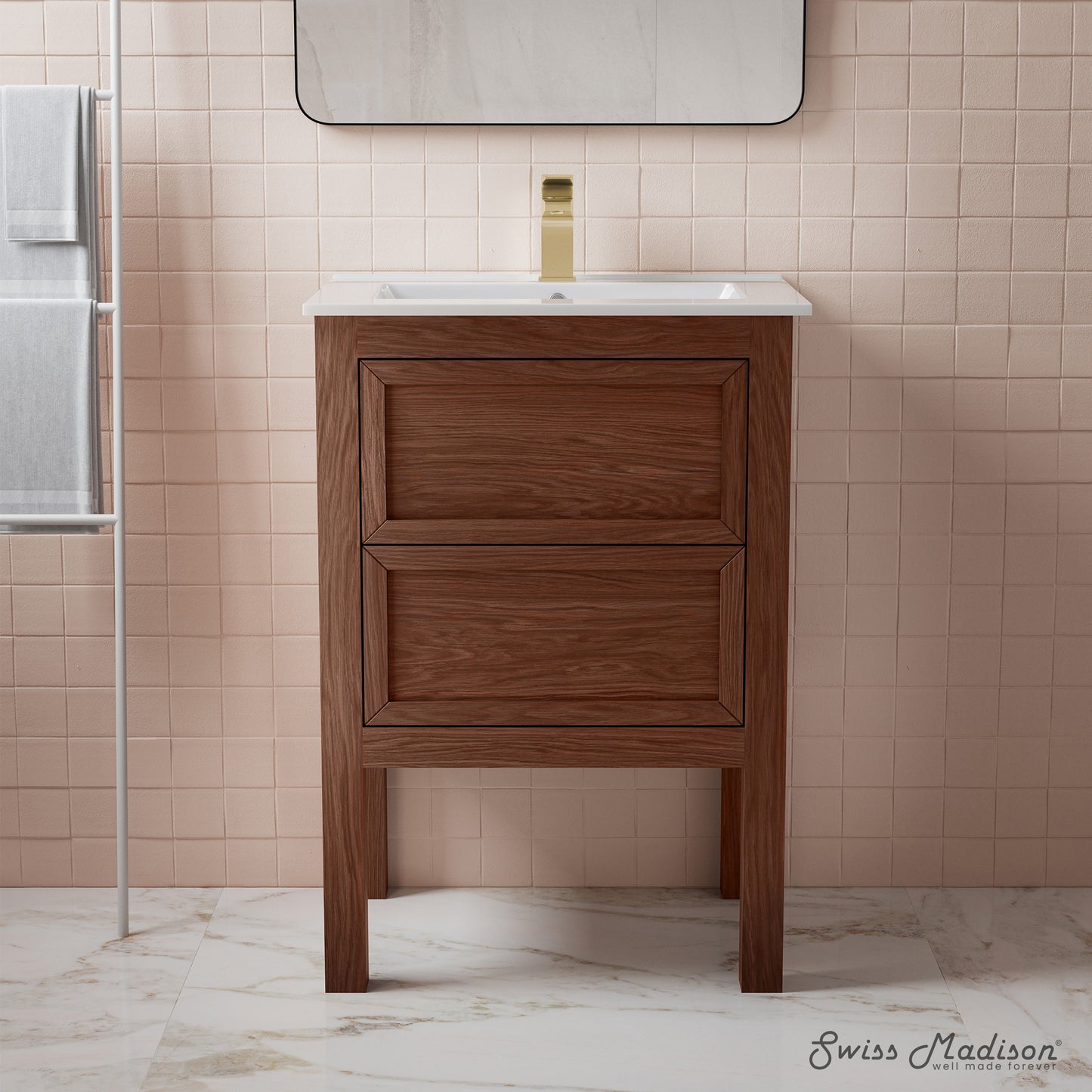 Swiss Madison, Nadar 24" Freestanding Bathroom Vanity in Brown Oak with Sink Top