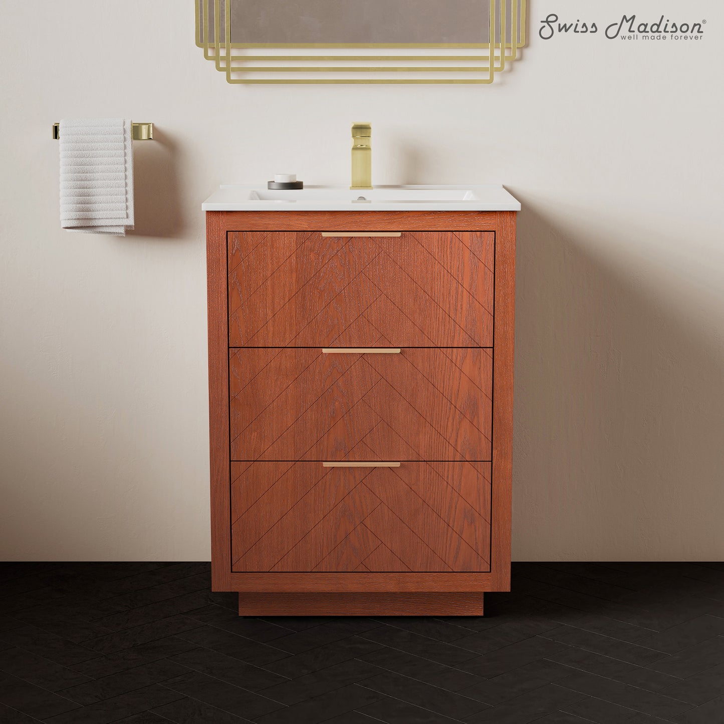 Swiss Madison, Daxton 24" Freestanding Bathroom Vanity in Brown Oak with Sink Top