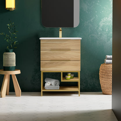 Swiss Madison, Carre 24" Freestanding Bathroom Vanity in Golden Oak with Sink Top