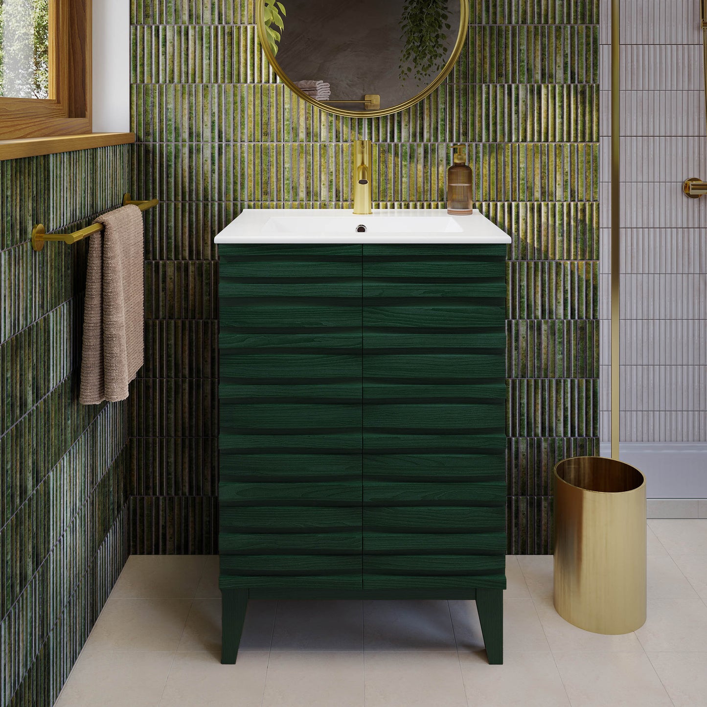 Swiss Madison, Cascade 24" Freestanding Bathroom Vanity in Green Oak with Sink Top