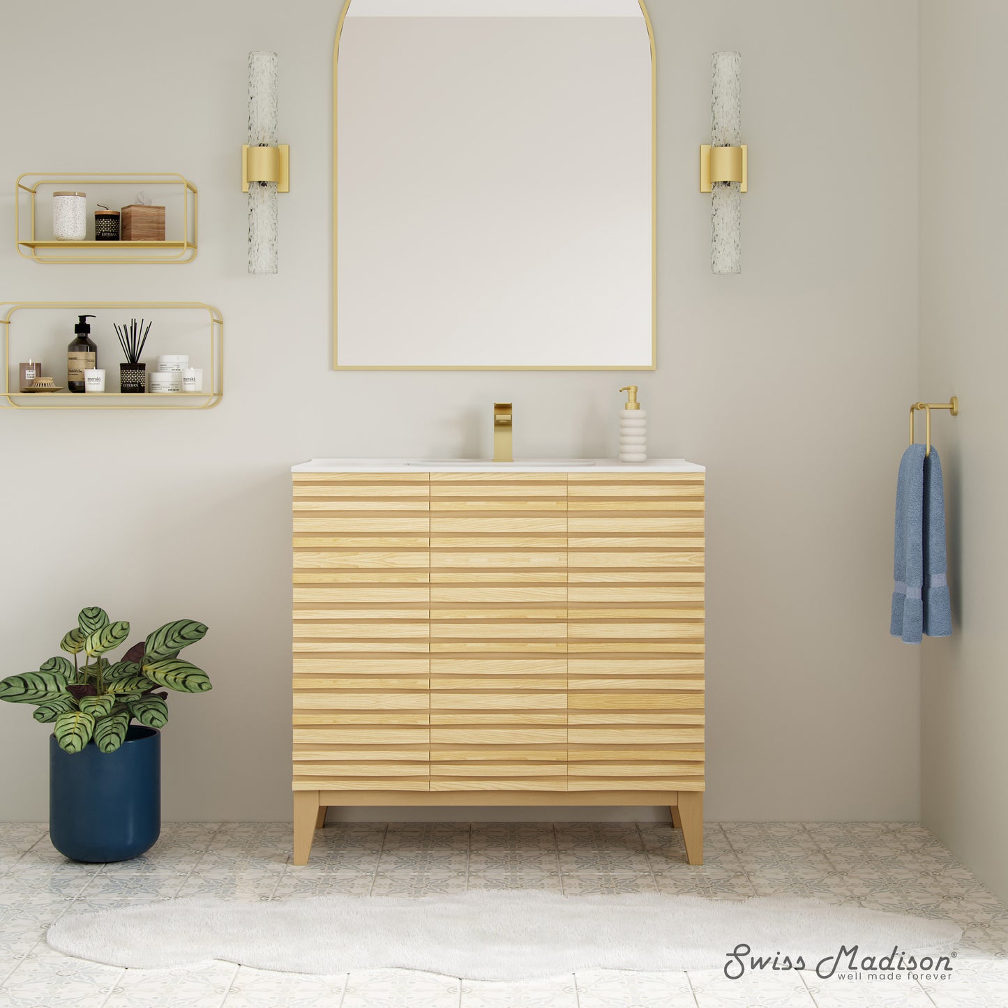 Swiss Madison, Cascade 36" Freestanding Bathroom Vanity in Natural oak with Sink Top