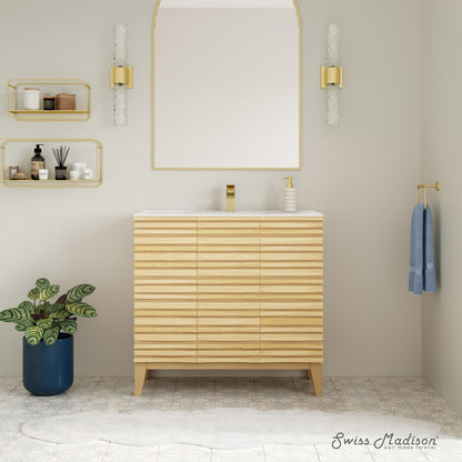 Swiss Madison, Cascade 36" Freestanding Bathroom Vanity in Natural oak with Sink Top