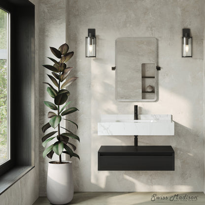 Swiss Madison, Avancer 36" Wall-Mounted Bathroom Vanity in Black Oak with White Marble Sink Top