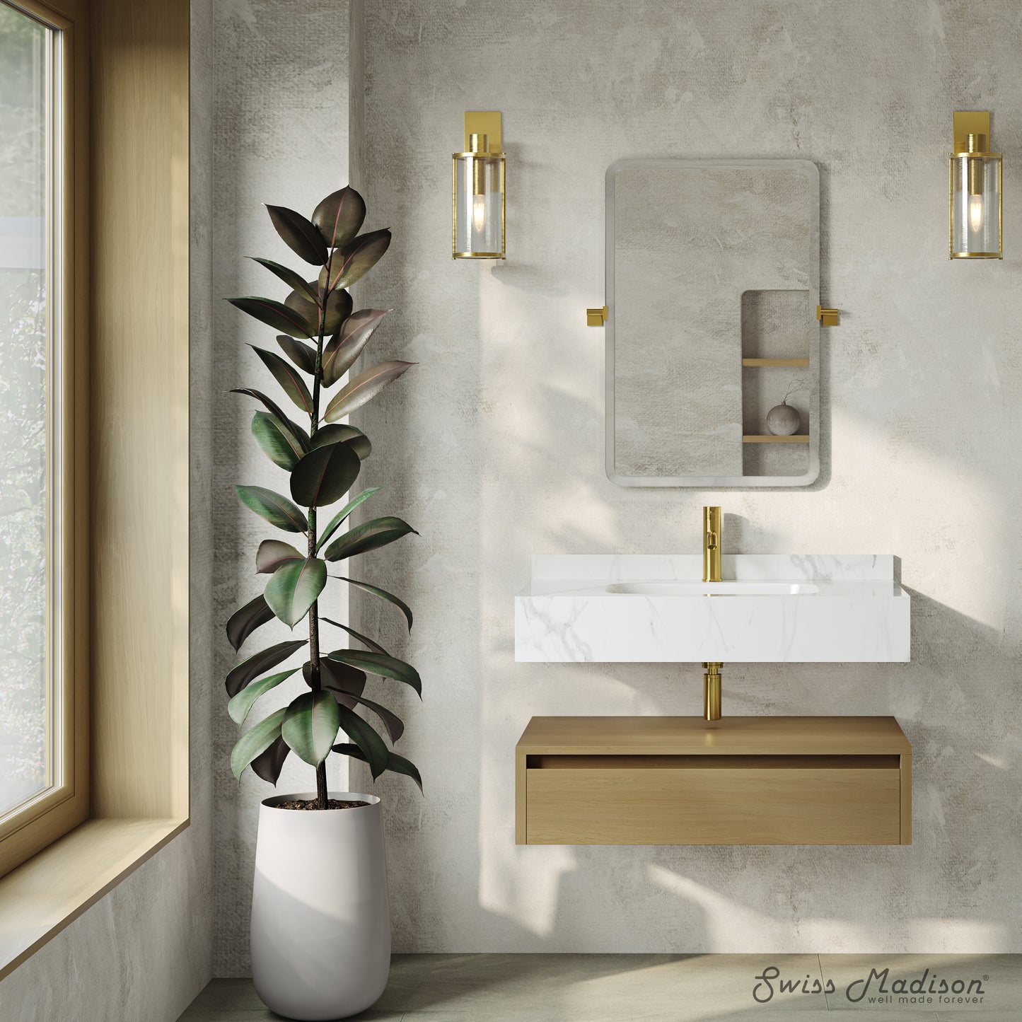 Swiss Madison, Avancer 36" Wall-Mounted Bathroom Vanity in Natural Oak with White Marble Sink Top