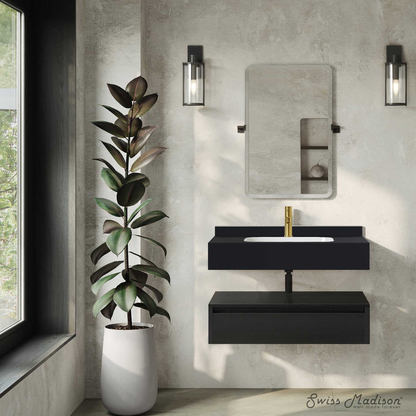 Swiss Madison, Avancer 36" Wall-Mounted Bathroom Vanity in Black Oak with Black Marble Sink Top