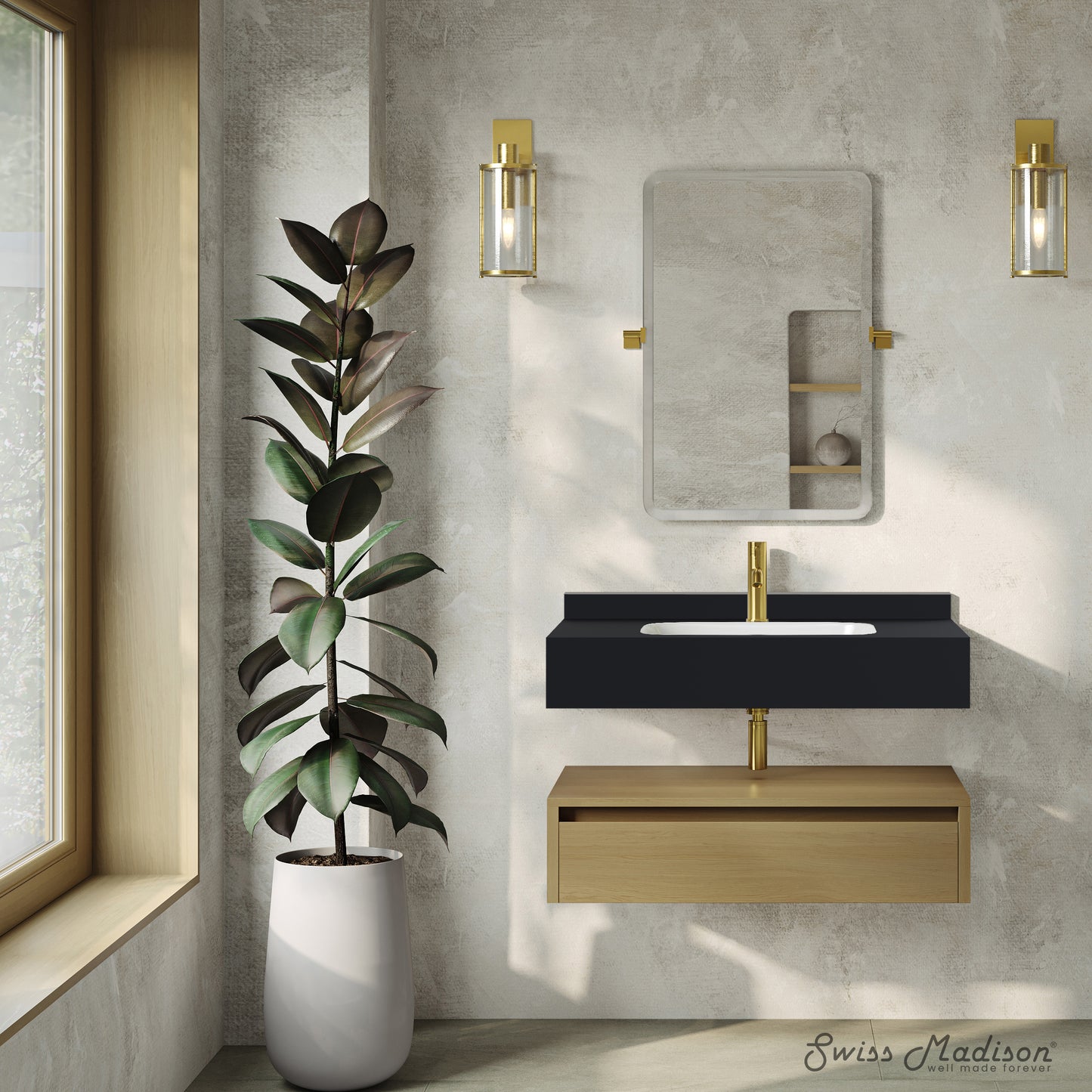 Swiss Madison, Avancer 36" Wall-Mounted Bathroom Vanity in Natural Oak with Black Marble Sink Top