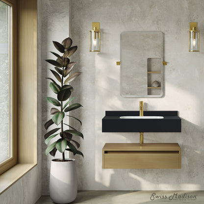 Swiss Madison, Avancer 36" Wall-Mounted Bathroom Vanity in Natural Oak with Black Marble Sink Top