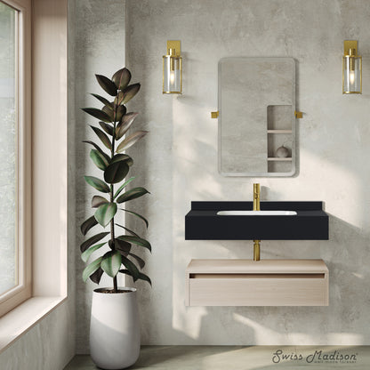 Swiss Madison, Avancer 36" Wall-Mounted Bathroom Vanity in White Oak with Black Marble Sink Top