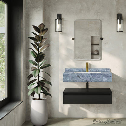 Swiss Madison, Avancer 36" Wall-Mounted Bathroom Vanity in Black Oak with Blue Celeste Sink Top