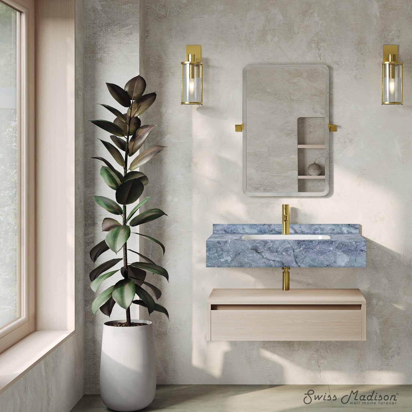 Swiss Madison, Avancer 36" Wall-Mounted Bathroom Vanity in White Oak with Blue Celeste Sink Top