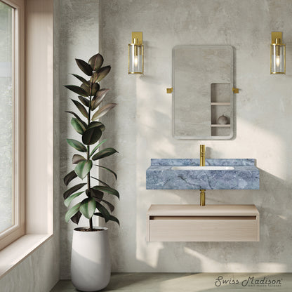 Swiss Madison, Avancer 36" Wall-Mounted Bathroom Vanity in White Oak with Blue Celeste Sink Top