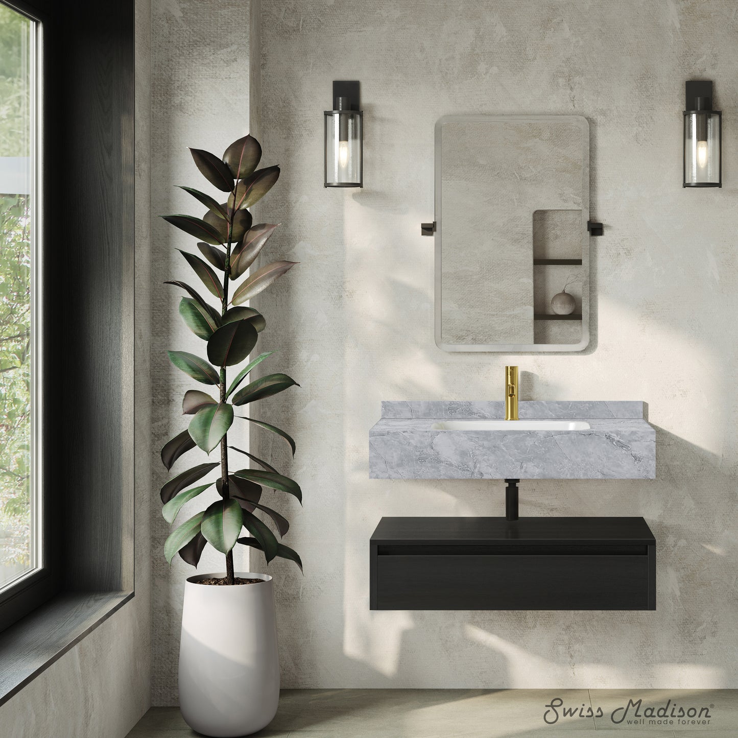 Swiss Madison, Avancer 36" Wall-Mounted Bathroom Vanity in Black Oak with Storm Grey Sink Top