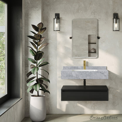 Swiss Madison, Avancer 36" Wall-Mounted Bathroom Vanity in Black Oak with Storm Grey Sink Top