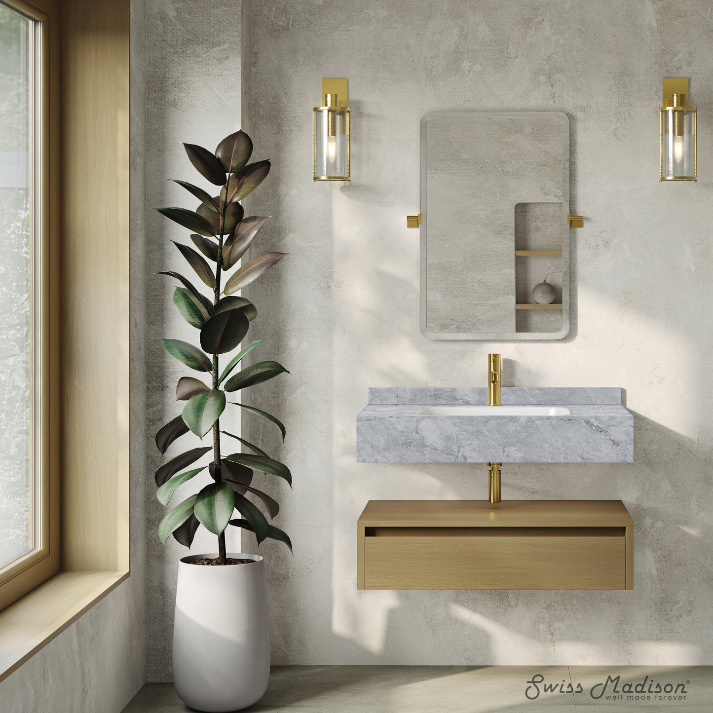 Swiss Madison, Avancer 36" Wall-Mounted Bathroom Vanity in Natural Oak with Storm Grey Sink Top