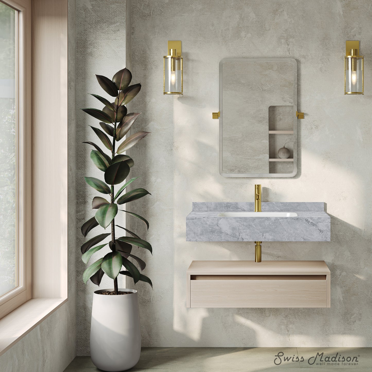 Swiss Madison, Avancer 36" Wall-Mounted Bathroom Vanity in White Oak with Storm Grey Sink Top