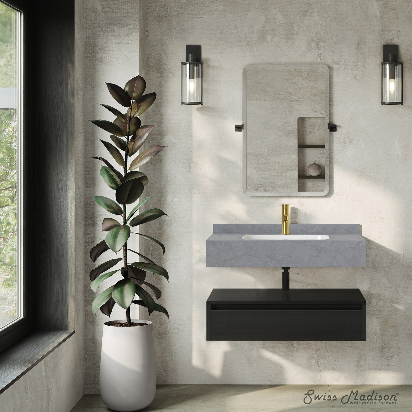 Swiss Madison, Avancer 36" Wall-Mounted Bathroom Vanity in Black Oak with Charcoal Grey Sink Top