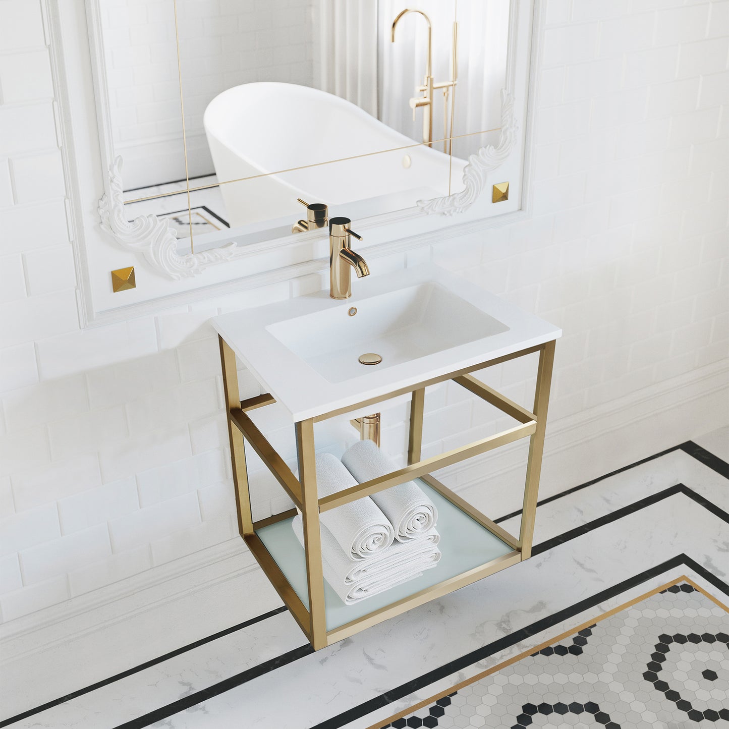 Swiss Madison, Pierre 24 Single, Open Shelf, Gold Metal Frame Bathroom Vanity