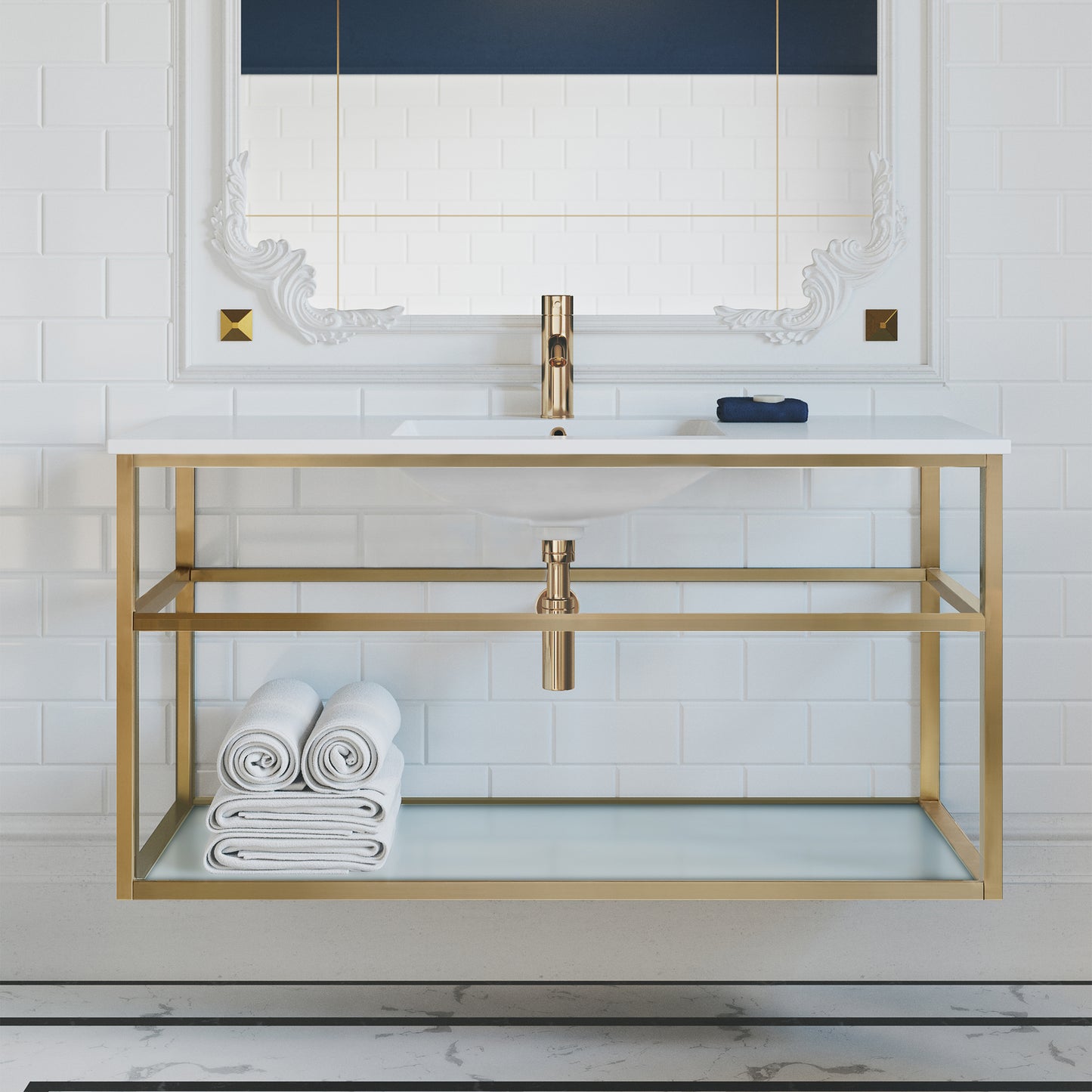 Swiss Madison, Pierre 48 Single, Open Shelf, Gold Metal Frame Bathroom Vanity