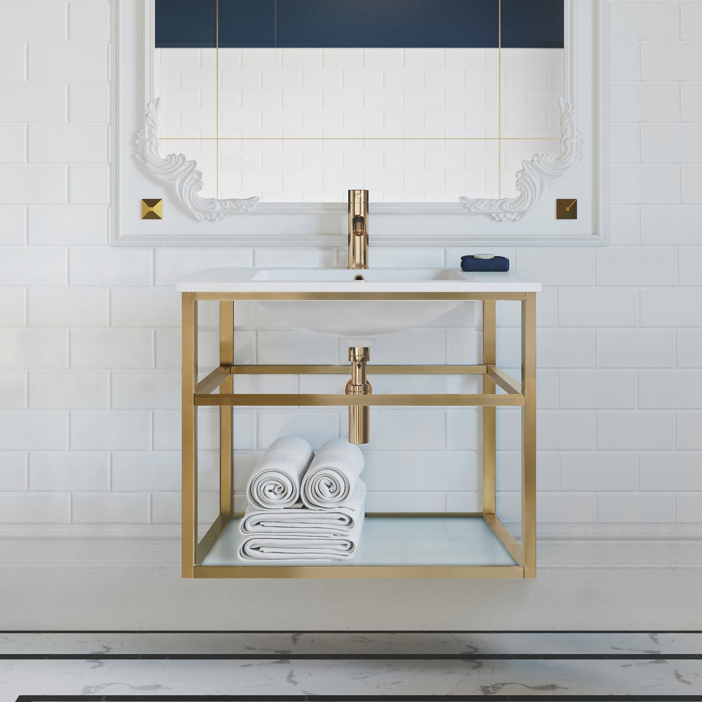 Swiss Madison, Pierre 30 Single, Open Shelf, Gold Metal Frame Bathroom Vanity