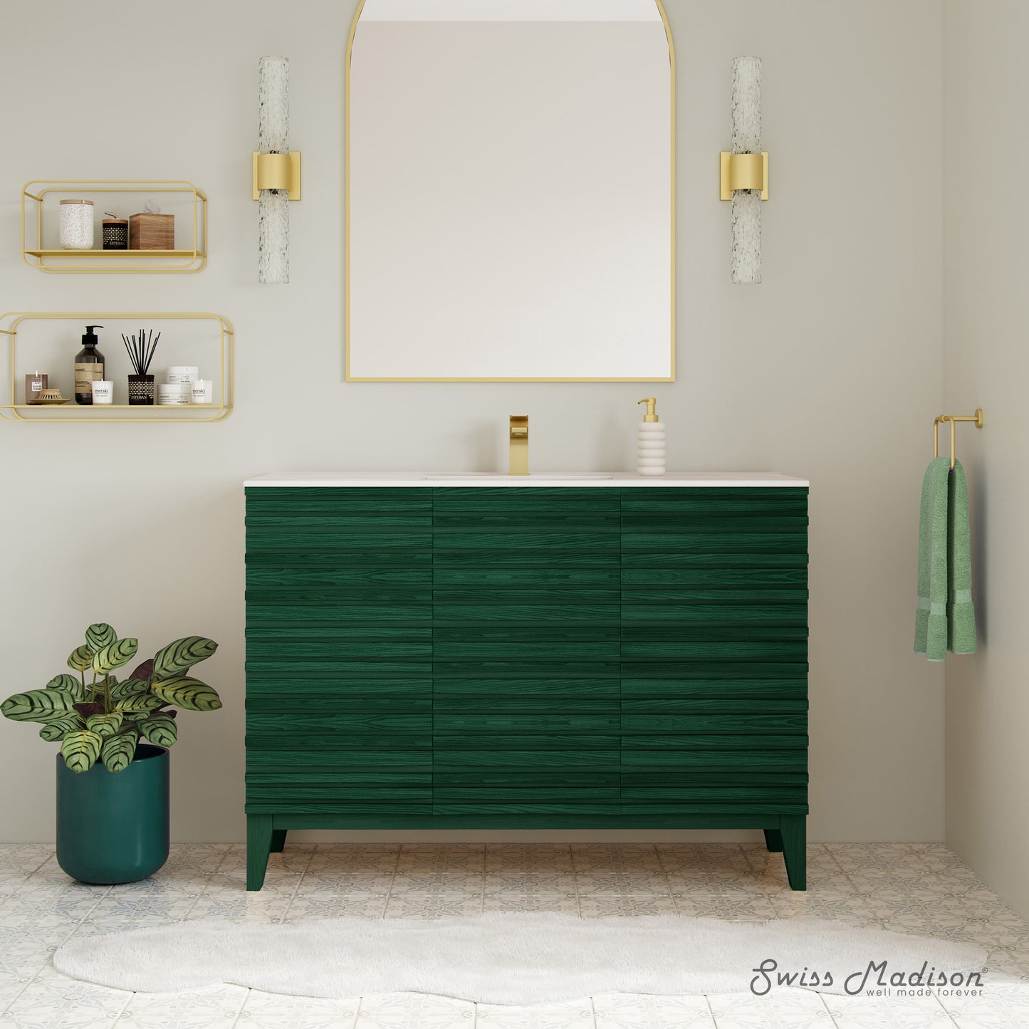 Swiss Madison, Cascade 48" Freestanding Bathroom Vanity in Green Oak with Sink Top