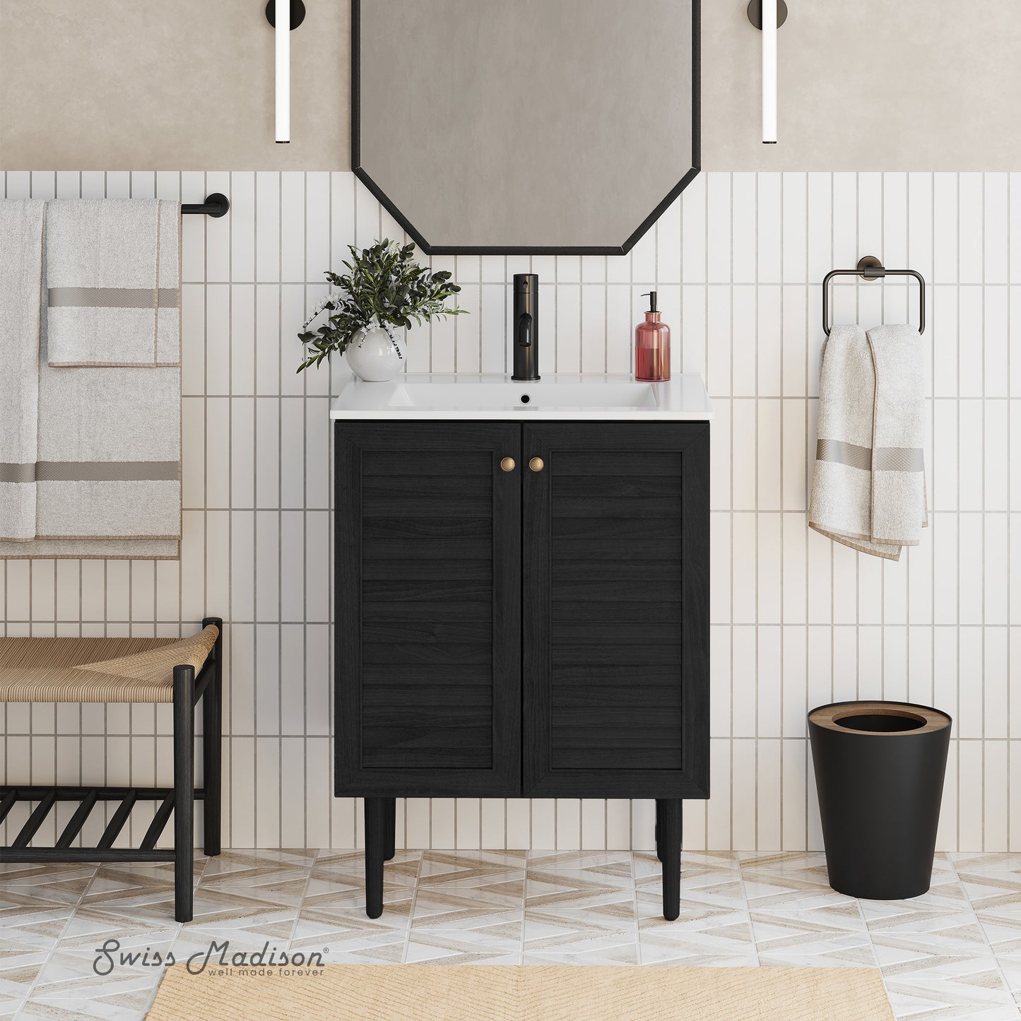 Swiss Madison, Bron 24" Freestanding Bathroom Vanity in Black Oak with Sink Top