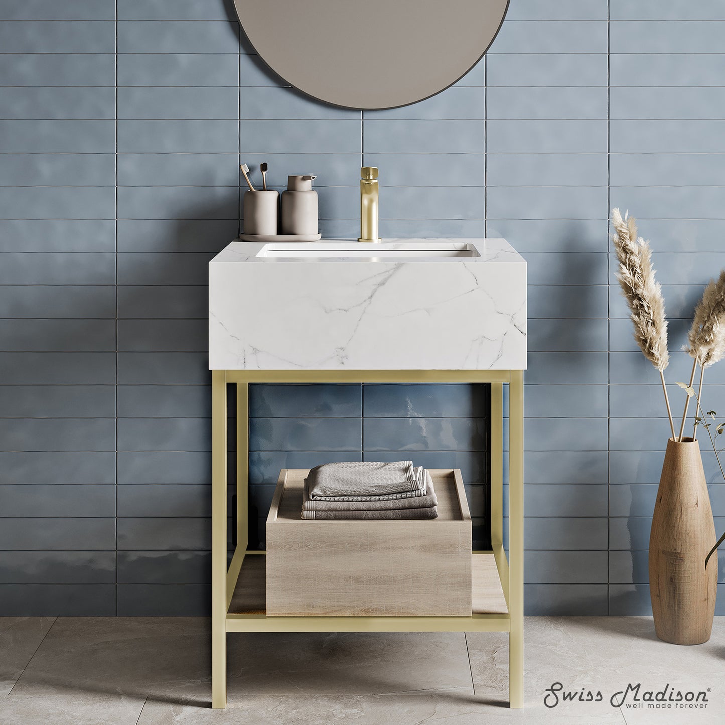 Swiss Madison, Beau 24" Open Shelf Natural Oak Frame Freestanding Bathroom Vanity with Sink Top