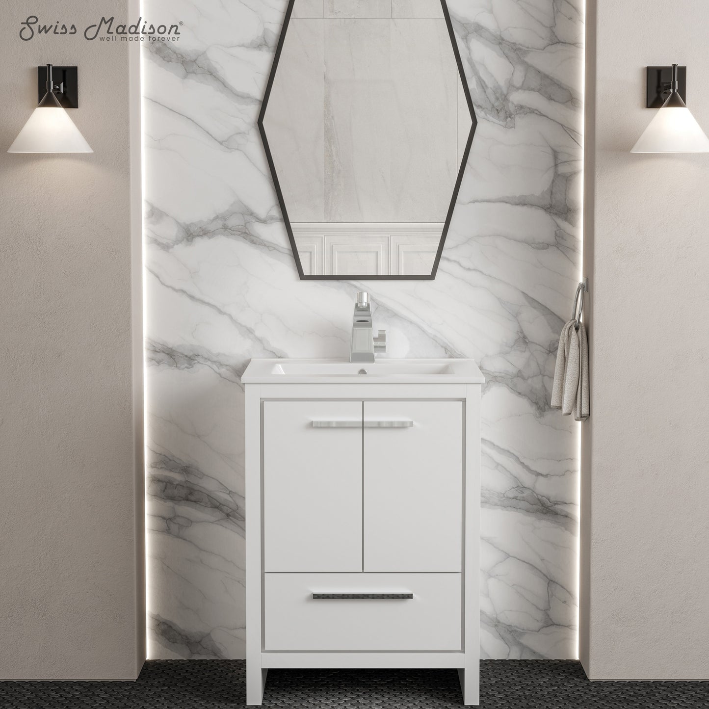 Swiss Madison, Virage 24" Freestanding Bathroom Vanity in White with Sink Top