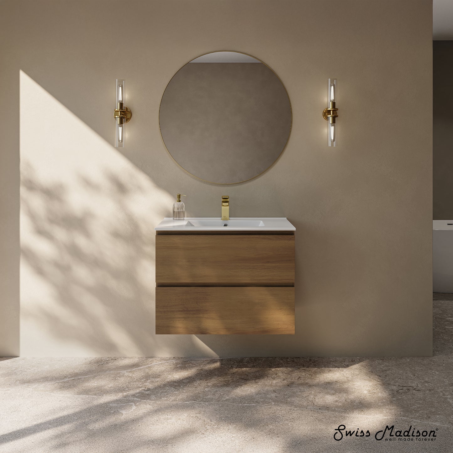 Swiss Madison, Liberte 30" Wall-Mounted Bathroom Vanity in Brown Oak with Sink Top