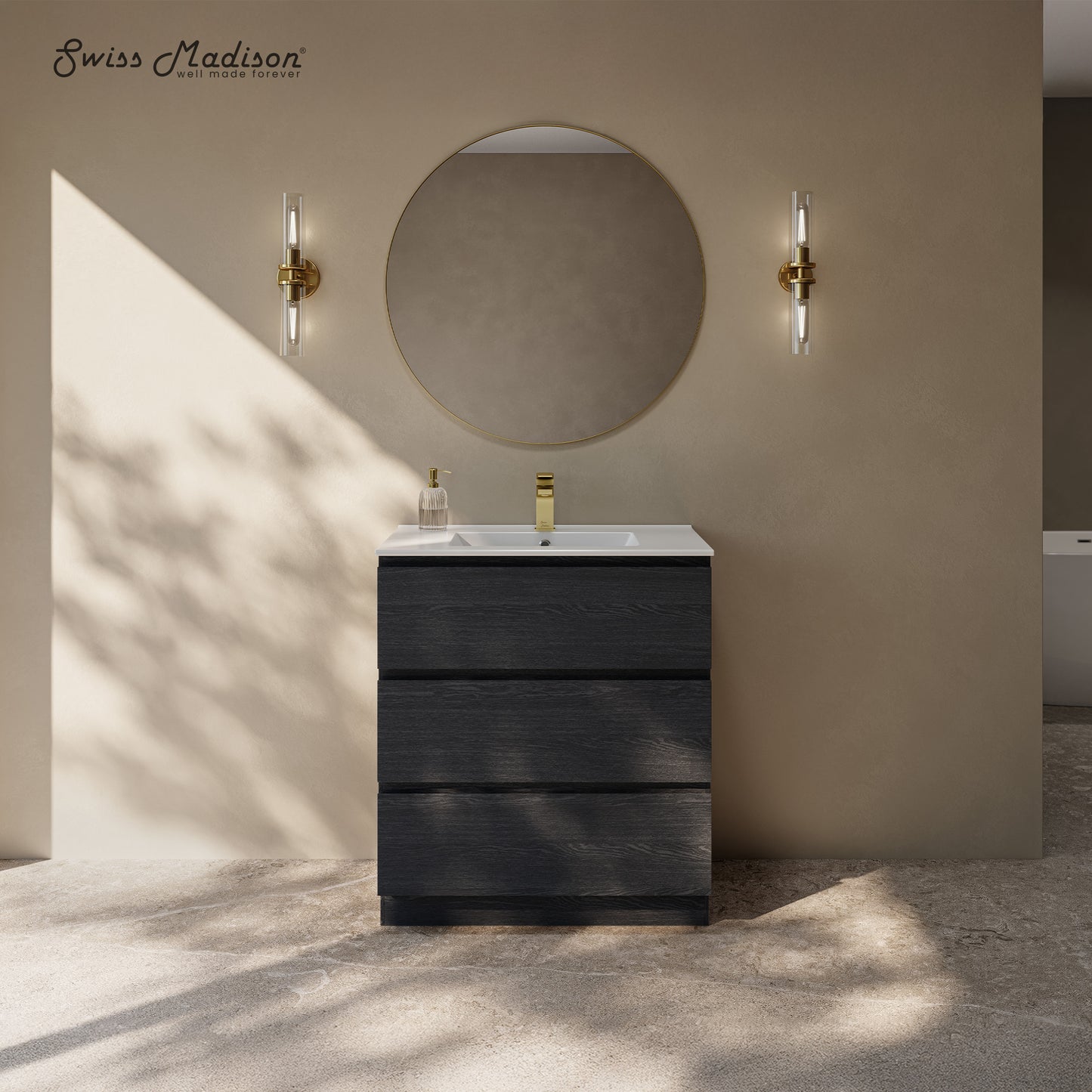 Swiss Madison, Liberte 30" Freestanding Bathroom Vanity in Black Oak with Sink Top