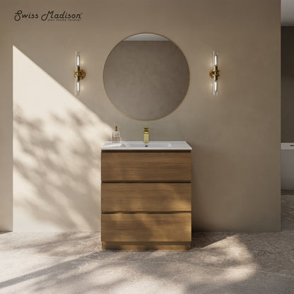 Swiss Madison, Liberte 30" Freestanding Bathroom Vanity in Brown Oak with Sink Top